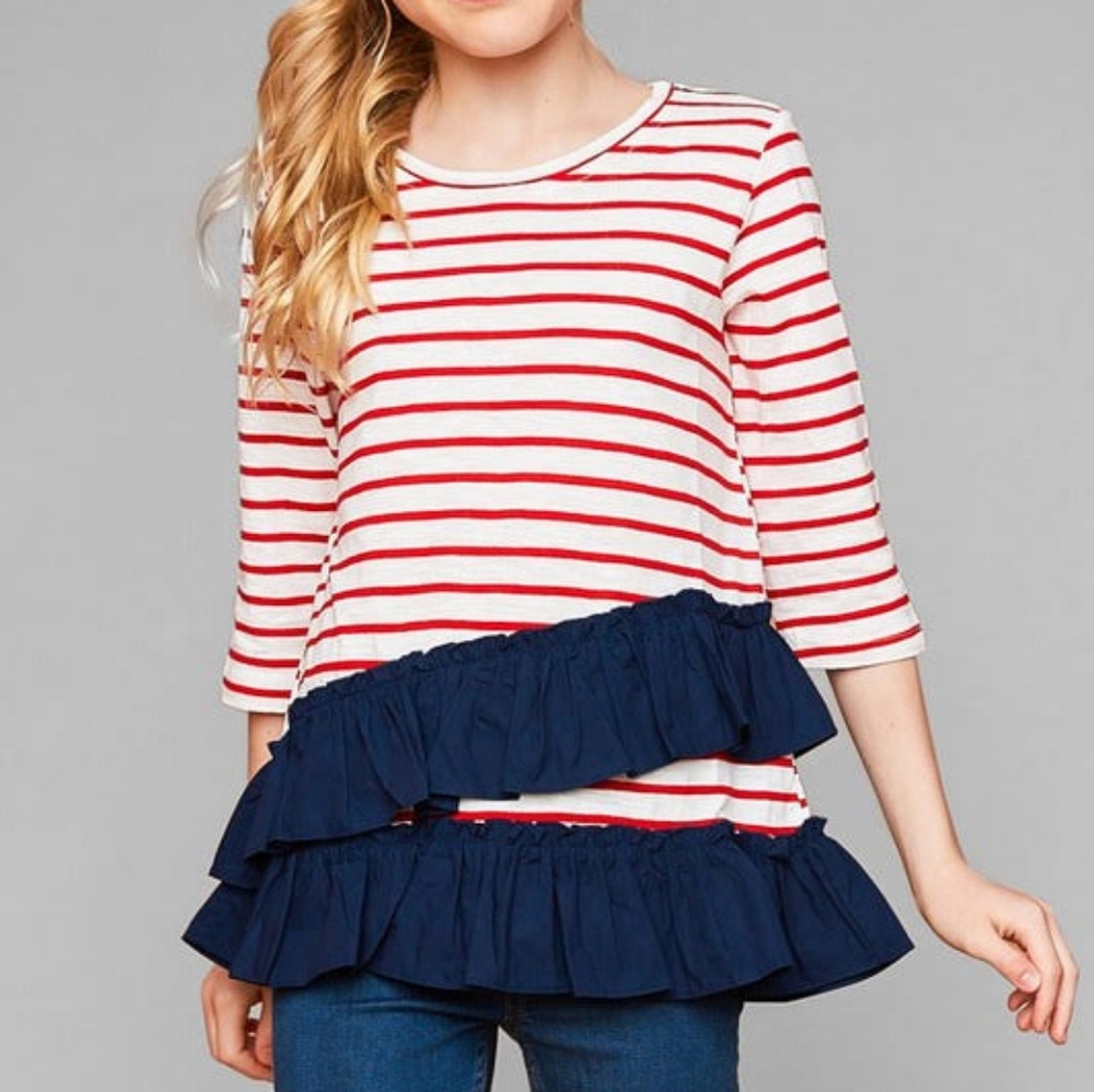 Hayden, size 14, red, white and blue ruffle shirt